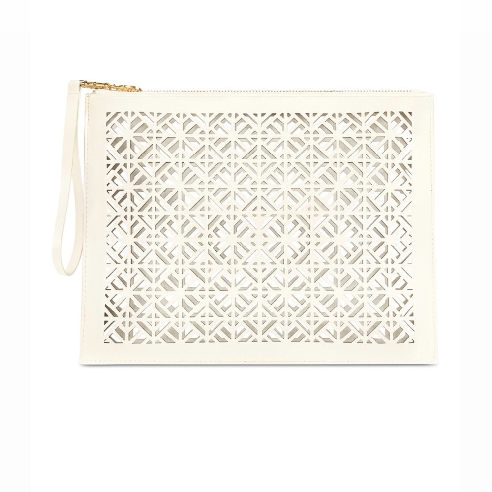 Tory Burch White & Gold Clear Cutout Beach Bag Wristlet Clutch Makeup Bag